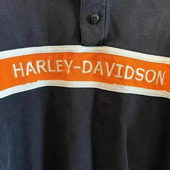 Harley Davidson Motorcycles Black Orange Striped Golf Polo Large - Picture 1 of 7